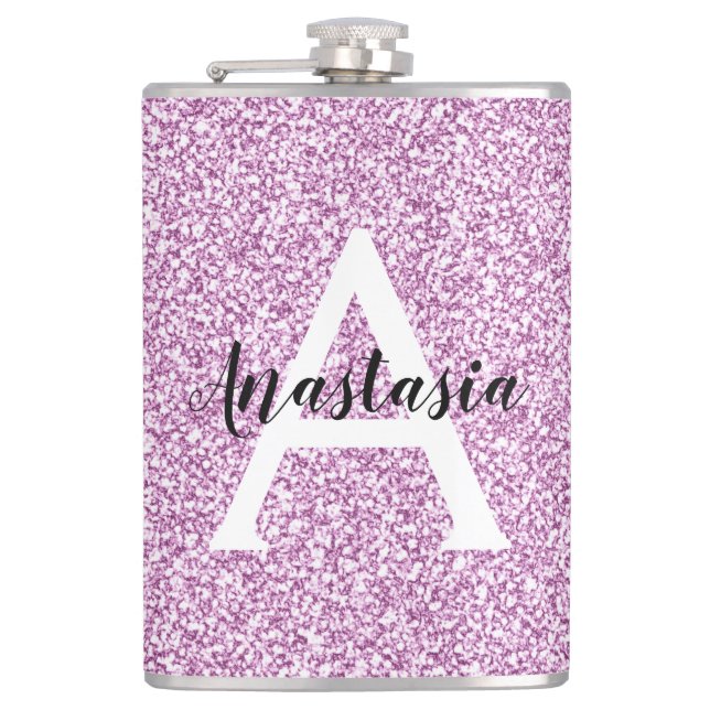 Girly Glam Lila Glitzer Glitzern Monogram Name Flachmann (Vorderseite)