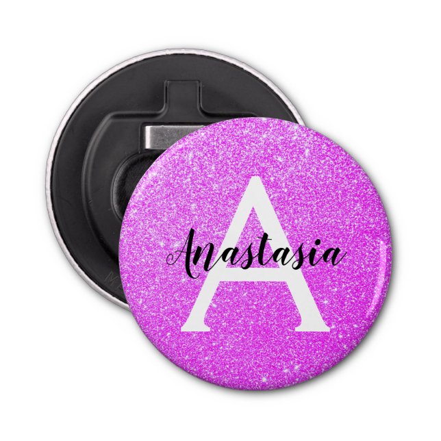 Girly Glam Lila Glitzer Glitzern Monogram Name Flaschenöffner (Vorderseite)