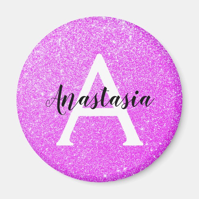 Girly Glam Lila Glitzer Glitzern Monogram Name Magnet (Vorne)