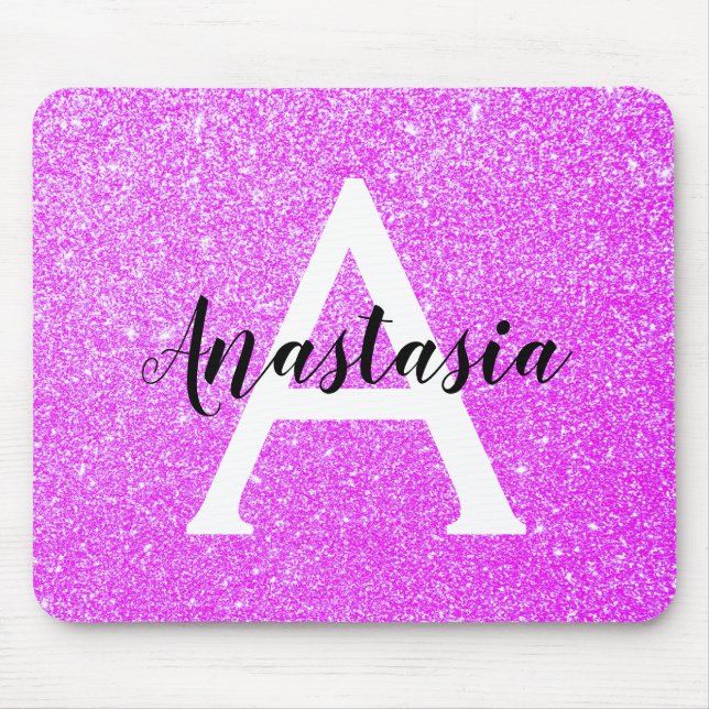 Girly Glam Lila Glitzer Glitzern Monogram Name Mousepad (Vorne)