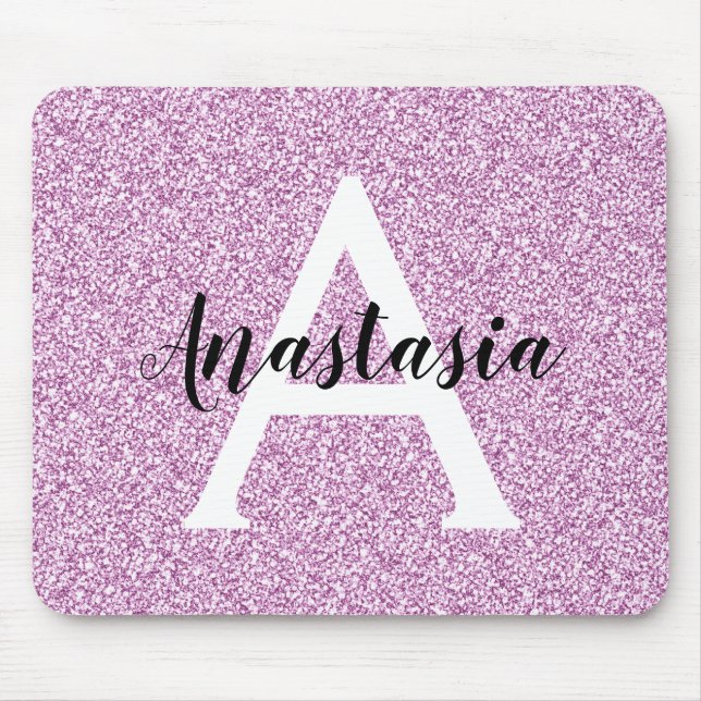 Girly Glam Lila Glitzer Glitzern Monogram Name Mousepad (Vorne)