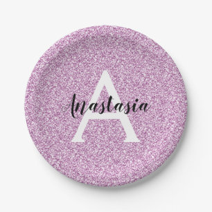Girly Glam Lila Glitzer Glitzern Monogram Name Pappteller