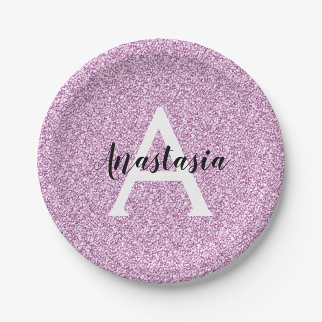 Girly Glam Lila Glitzer Glitzern Monogram Name Pappteller (Vorderseite)
