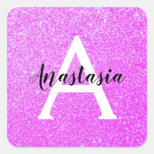 Girly Glam Lila Glitzer Glitzern Monogram Name Quadratischer Aufkleber