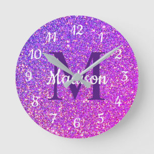 Girly Glam Lila Glitzer Monogram Personalisiert Runde Wanduhr