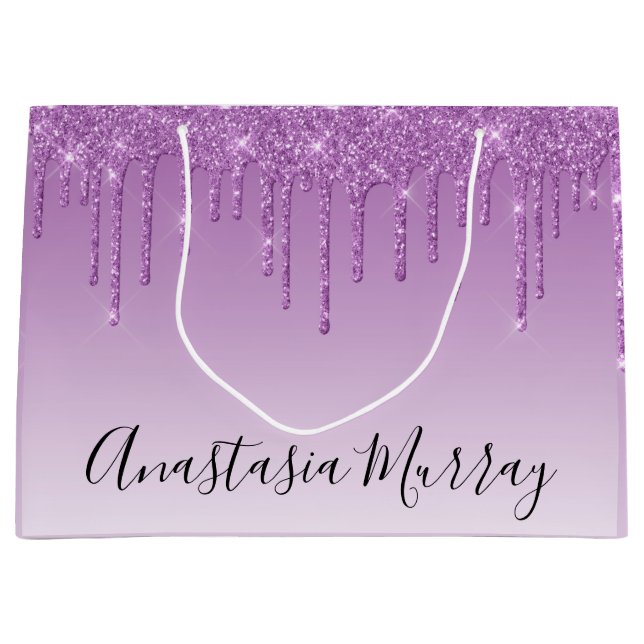 Girly & Glam Lila Lilac Glitzer Tropfen Name Große Geschenktüte (Vorderseite)
