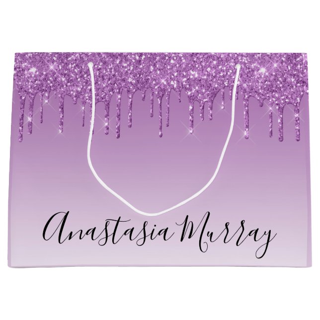 Girly & Glam Lila Lilac Glitzer Tropfen Name Große Geschenktüte (Vorderseite)