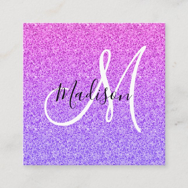 Girly & Glam Lilac Lila Glitzer Ombre Monogram Quadratische Visitenkarte (Vorderseite)