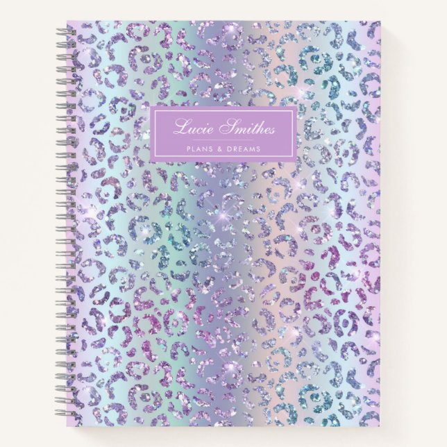 Girly Glam Mermaid Glitzer Leopard Print Monogram Notizbuch (Vorderseite)