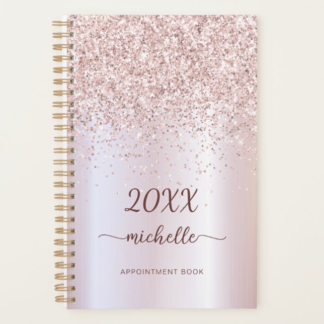 Girly Glam Metal Rose Gold Glitzer Monogram 2023 Planer (Vorderseite)