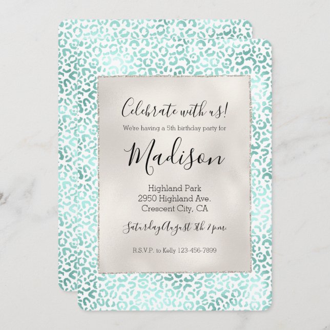 Girly Glam Mint Leopard Print Einladung (Vorne/Hinten)