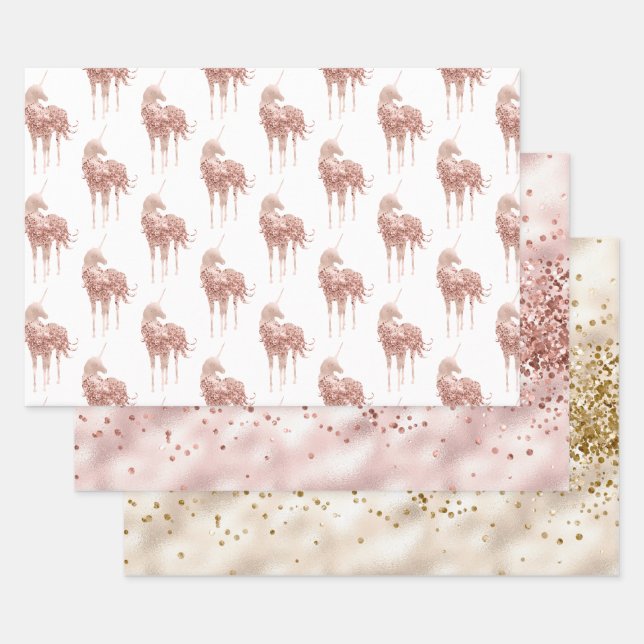 Girly Glam Pink Gold Confetti Glitzer Unicorn Geschenkpapier Set (Set)