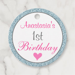 Girly Glam Pink & Light Blue Glitzer 1. Geburtstag Geschenkanhänger