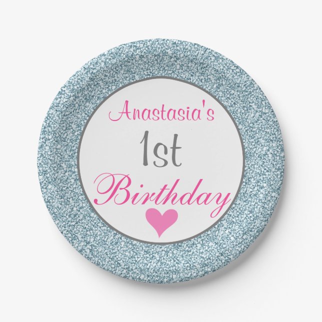 Girly Glam Pink & Light Blue Glitzer 1. Geburtstag Pappteller (Vorderseite)