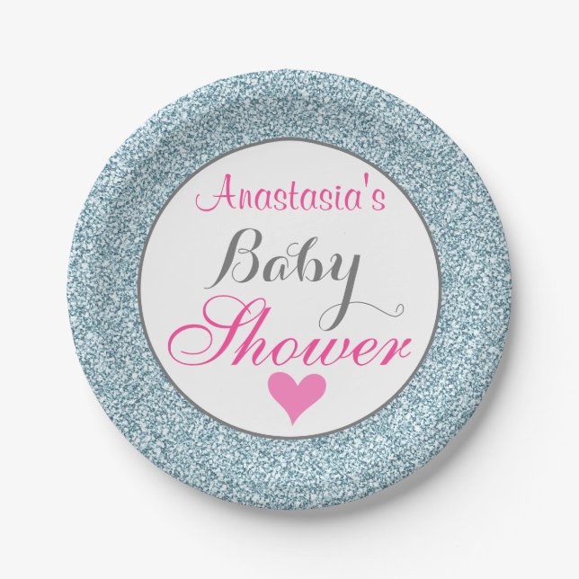 Girly Glam Pink Light Sky Blue Glitzer Babydusche Pappteller (Vorderseite)