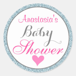 Girly Glam Pink Light Sky Blue Glitzer Babydusche Runder Aufkleber