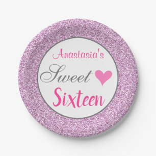 Girly Glam Pink Lilac Lila Glitzer 16 . Geburtstag Pappteller