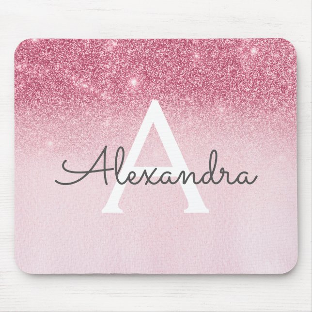 Girly Glam Pink Sparkle Glitzer Monogram Mousepad (Vorne)