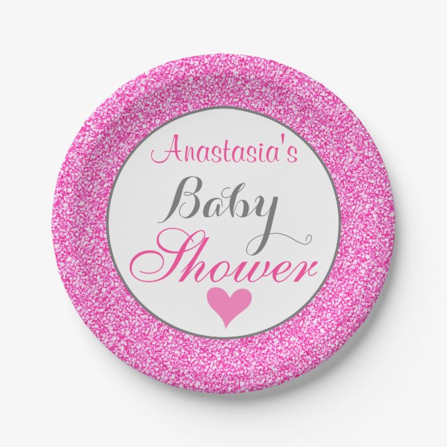 Girly & Glam Princess Hot Pink Glitzer Babydusche Pappteller (Vorderseite)
