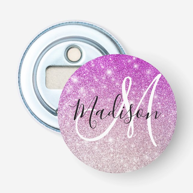 Girly & Glam Purple Glitter Sparkles Monogram Name Flaschenöffner (Vorderseite)