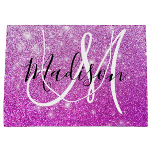 Girly & Glam Purple Glitter Sparkles Monogram Name Große Geschenktüte