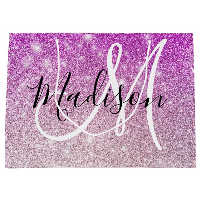 Girly & Glam Purple Glitter Sparkles Monogram Name Große Geschenktüte (Vorderseite)