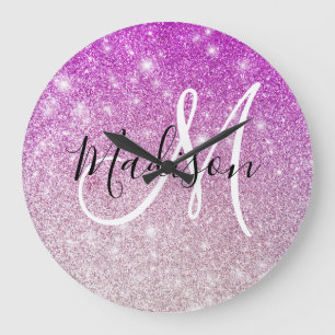 Girly & Glam Purple Glitter Sparkles Monogram Name Große Wanduhr