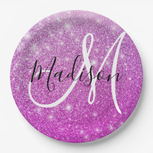 Girly & Glam Purple Glitter Sparkles Monogram Name Pappteller