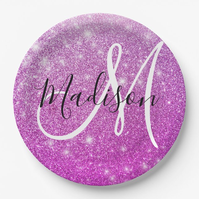 Girly & Glam Purple Glitter Sparkles Monogram Name Pappteller (Vorderseite)