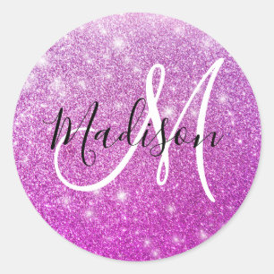 Girly & Glam Purple Glitter Sparkles Monogram Name Runder Aufkleber