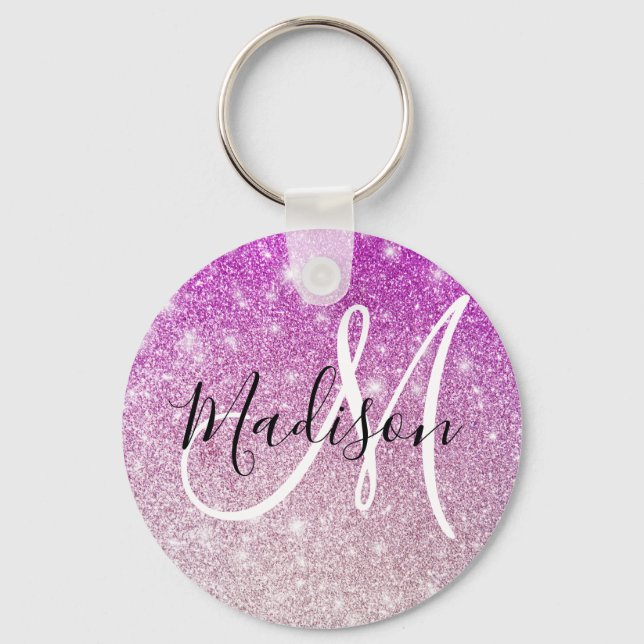 Girly & Glam Purple Glitter Sparkles Monogram Name Schlüsselanhänger (Vorderseite)