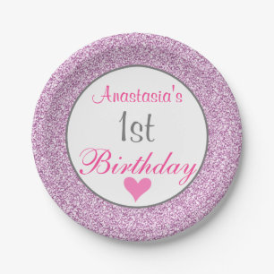Girly Glam Rosa Flieder Purpur Glitter 1. Geburtst Pappteller