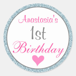 Girly Glam Rosa und Hellblau Glitter 1. Geburtstag Runder Aufkleber