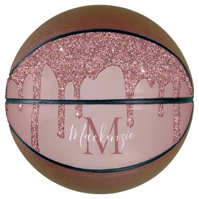 Girly Glam Rose Gold Drilling Glitzer Monogram Basketball (Vorderseite)