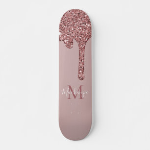 Girly Glam Rose Gold Drilling Glitzer Monogram Skateboard