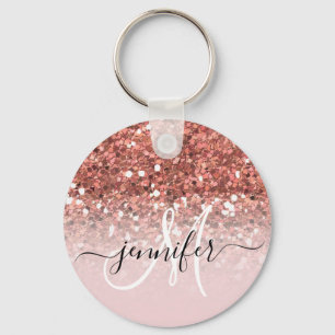 Girly Glam Rose Gold Glitzer Luxus Monogram Name Schlüsselanhänger