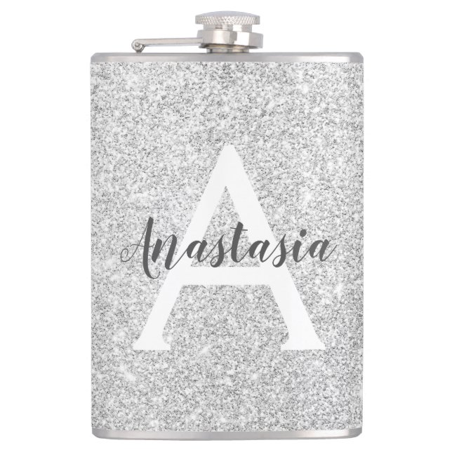 Girly Glam Silver Glitzer Glitzern Monogram Name Flachmann (Vorderseite)