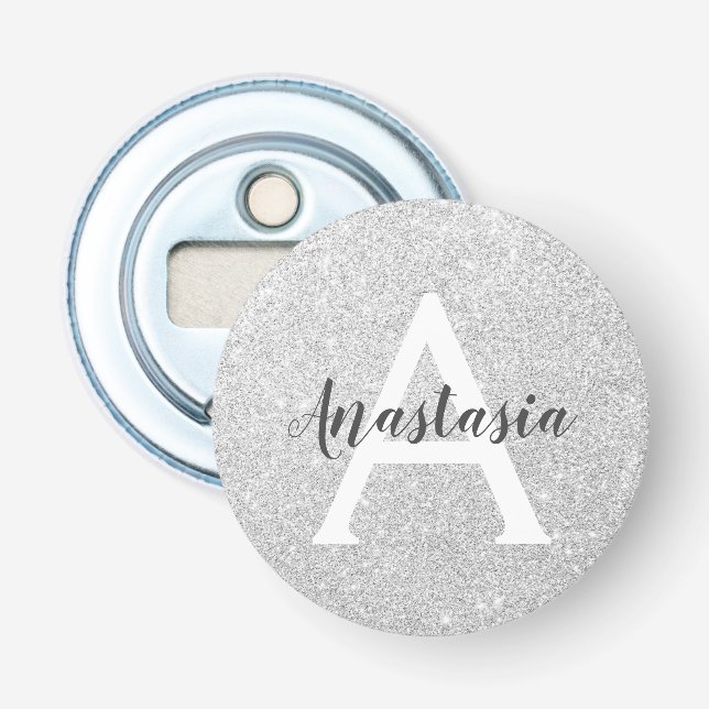 Girly Glam Silver Glitzer Glitzern Monogram Name Flaschenöffner (Vorderseite)
