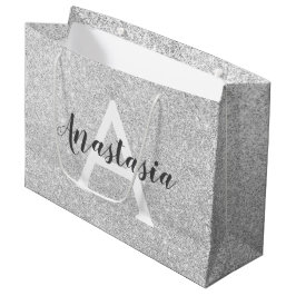 Girly Glam Silver Glitzer Glitzern Monogram Name Große Geschenktüte