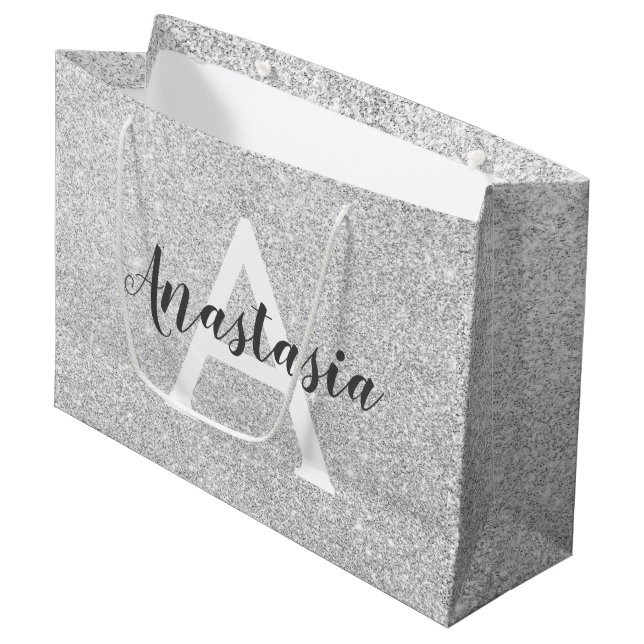 Girly Glam Silver Glitzer Glitzern Monogram Name Große Geschenktüte (Vorderseite Schrägansicht)