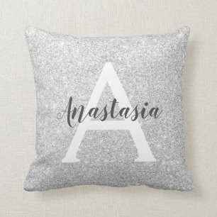Girly Glam Silver Glitzer Glitzern Monogram Name Kissen