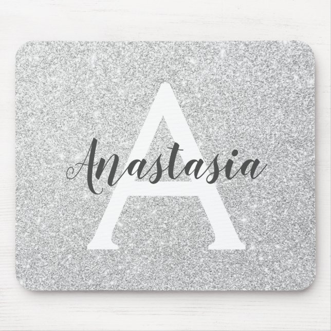 Girly Glam Silver Glitzer Glitzern Monogram Name Mousepad (Vorne)