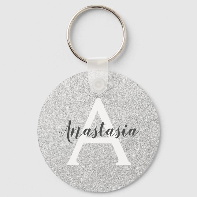 Girly Glam Silver Glitzer Glitzern Monogram Name Schlüsselanhänger (Vorderseite)