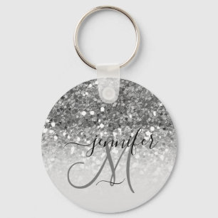 Girly Glam Silver Glitzer Luxus Monogram Name Schlüsselanhänger