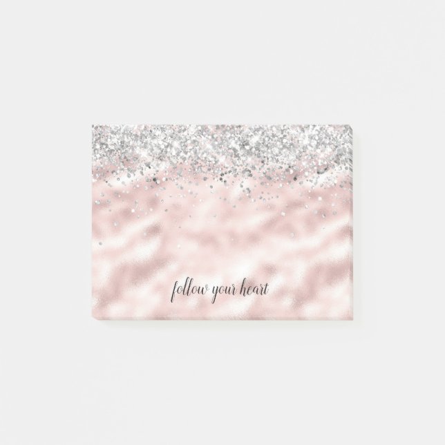 Girly Glam Silver Pink Herz Personalisiert Post-it Klebezettel (Vorderseite)