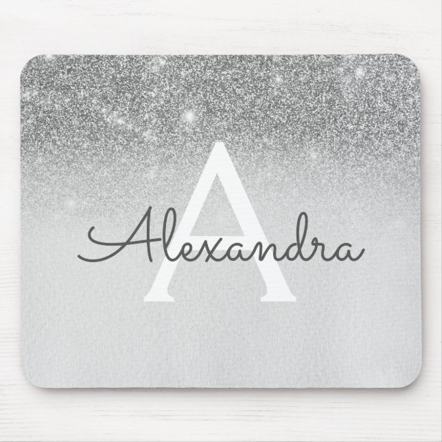 Girly Glam Silver Sparkle Glitzer Monogram Ombre Mousepad (Vorne)