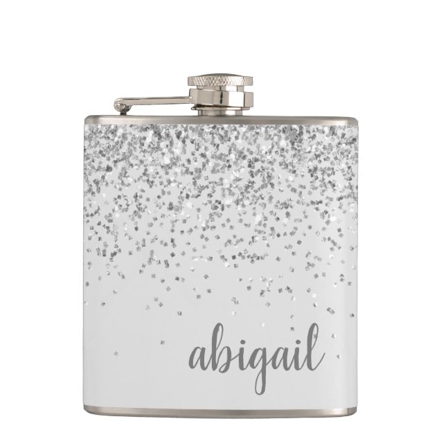 Girly Glitter personalisierter silberner Monogramm Flachmann (Vorderseite)