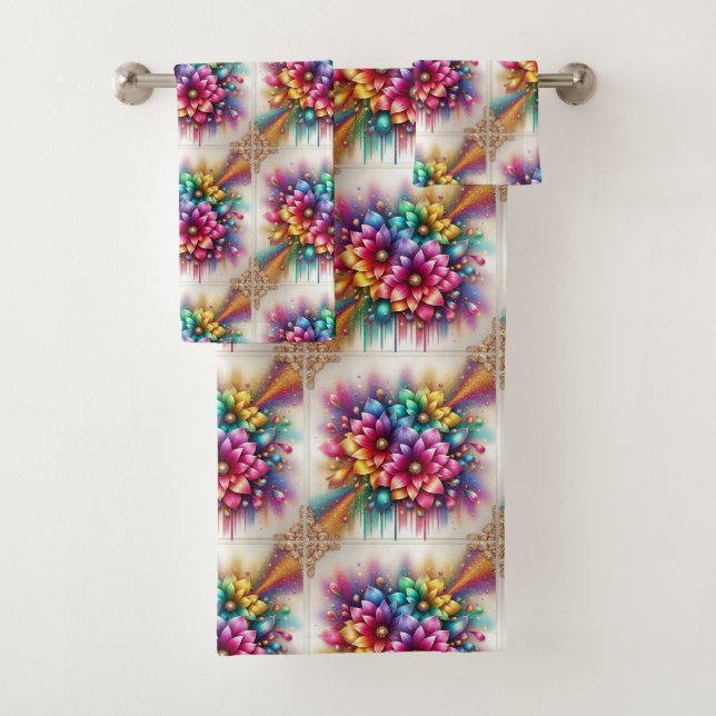 Girly Glitter Regenbogen Blumen Handtuch Set (Insitu)