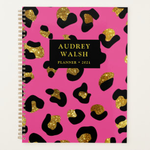 Girly Glittery Gold Fuchsia Leopard Print Luxus Planer