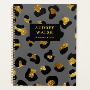 Girly Glittery Gold Gray Leopard Print Luxus Planer